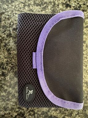 Buddy Pouch black with purple trim measures 6” w x 4-1/4” h